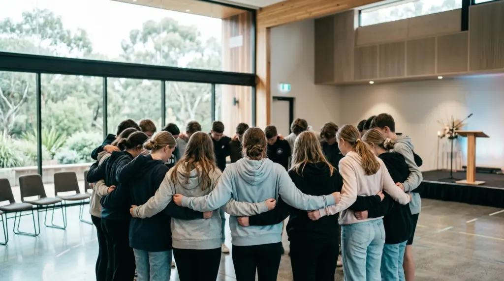 A youth group huddled together in a church hall