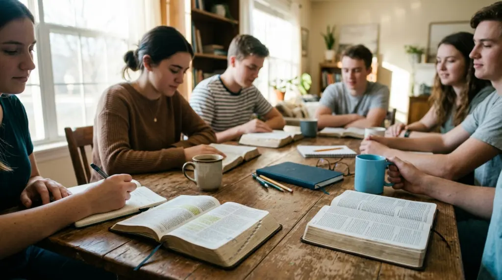 Young adults studying the Bible together around a table